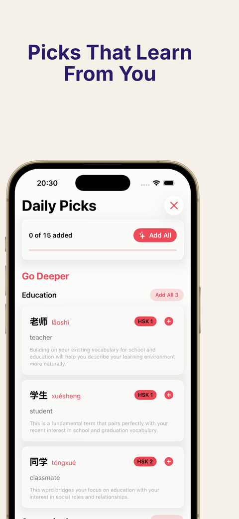 FluentBits daily picks screen showing 15 curated word recommendations.